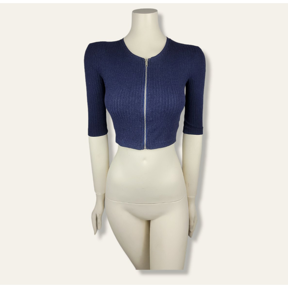 ASOS Zip-Front Crop Top Ribbed Short Sleeve Zip-Up Shirt Blouse Navy Blue US2 - Picture 3 of 8